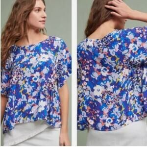 Maeve Anthropologie Floral Print Swing Blouse S Blue Short Sleeve Spring